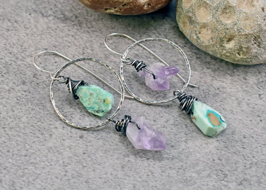 Turquoise and Amethyst Asymmetrical Sterling Silver Earrings, Blue and Purple Handmade Jewelry