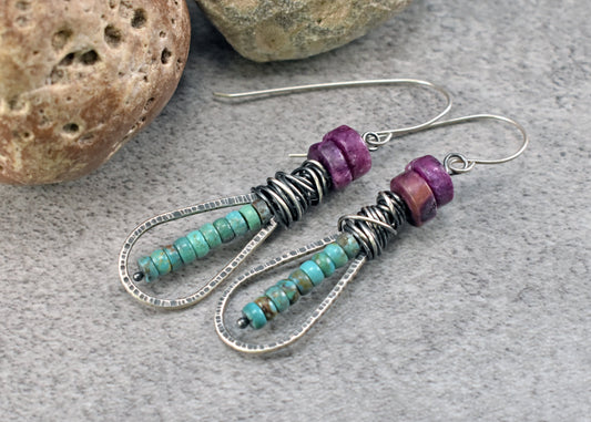 Turquoise, Lepidolite and Sterling Silver Teardrop Earrings, Rustic Boho Jewelry Handmade