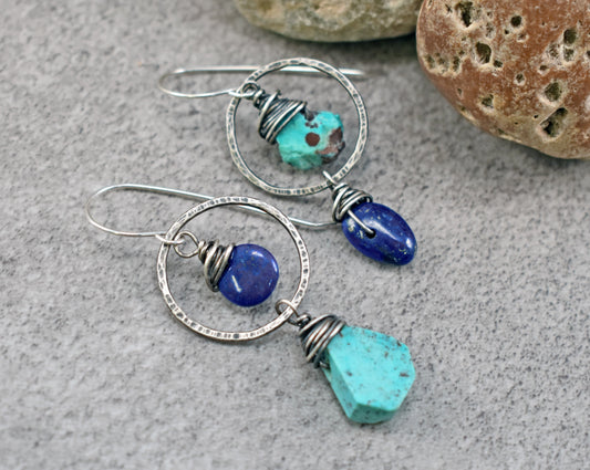 Asymmetrical Turquoise, Lapis and Sterling Silver Earrings, Handmade Artisan Jewelry
