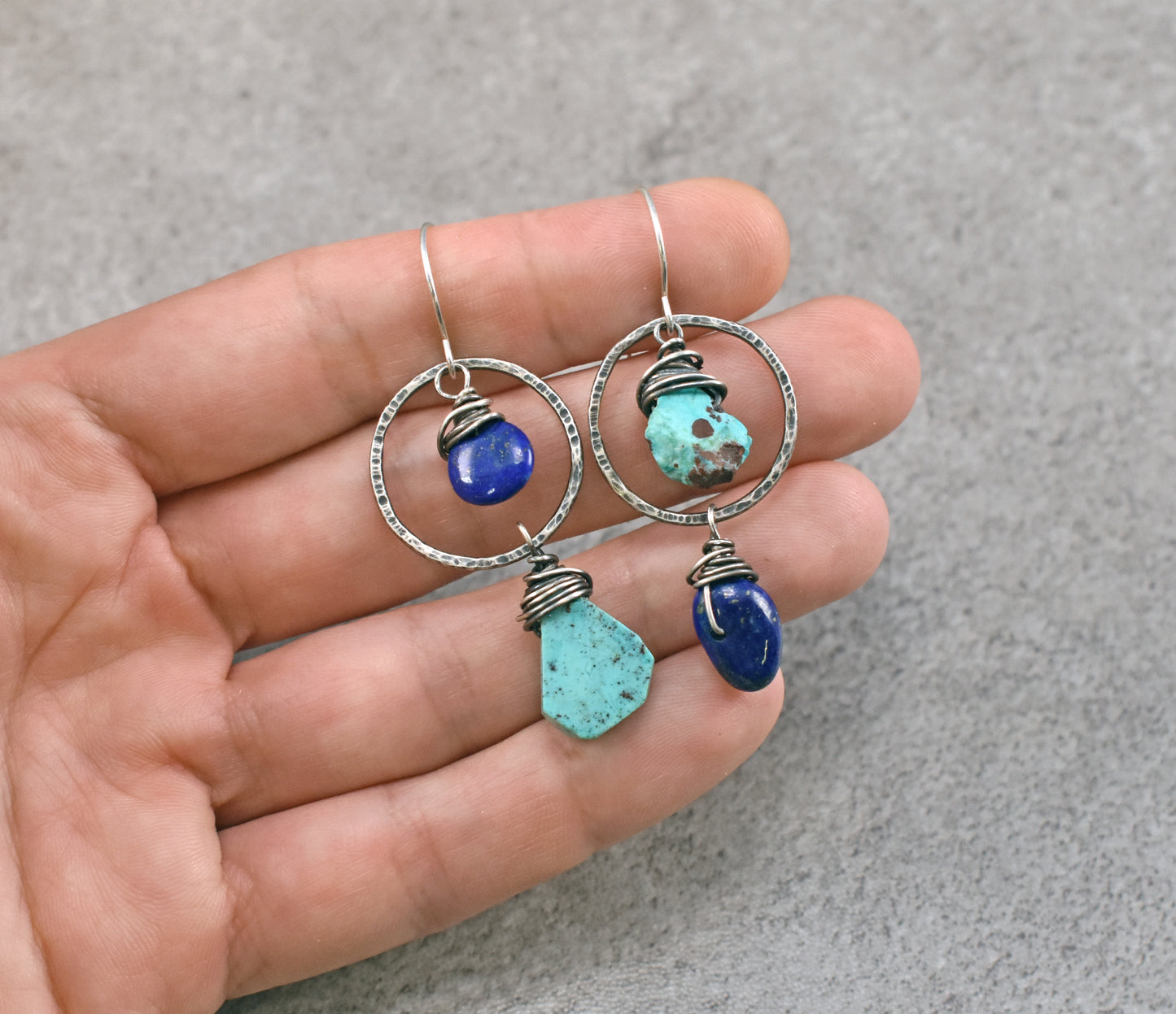 Asymmetrical Turquoise, Lapis and Sterling Silver Earrings, Handmade Artisan Jewelry