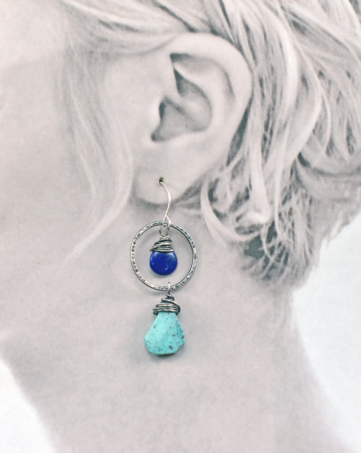 Asymmetrical Turquoise, Lapis and Sterling Silver Earrings, Handmade Artisan Jewelry