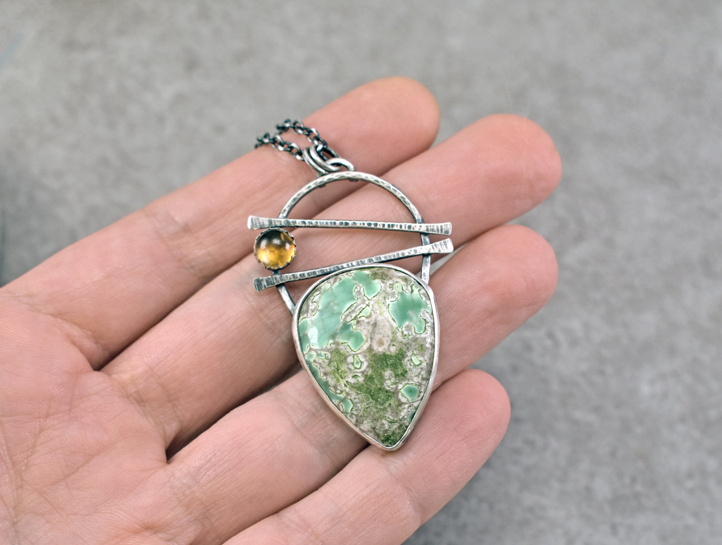 Variscite, Citrine and Sterling Silver Necklace, Rustic Silversmith Pendant, Artisan Handmade Jewelry