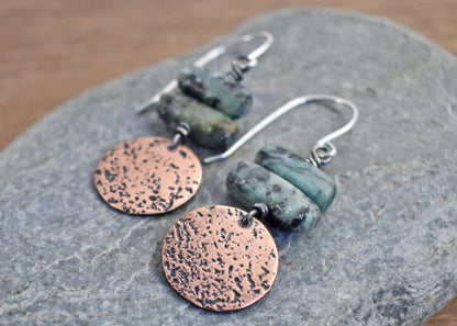 African Turquoise Jasper Earrings, Earthy Copper Gemstone Dangles, Rustic Green Stone Jewelry Handmade