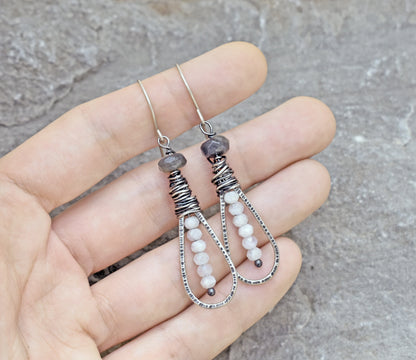 Moonstone Labradorite Teardrop Earrings, Sterling Silver Gemstone Dangles, Rustic Artisan Wire Jewelry Handmade