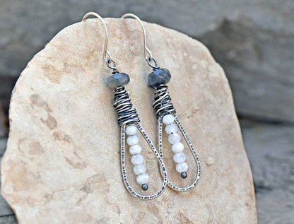 Moonstone Labradorite Teardrop Earrings, Sterling Silver Gemstone Dangles, Rustic Artisan Wire Jewelry Handmade