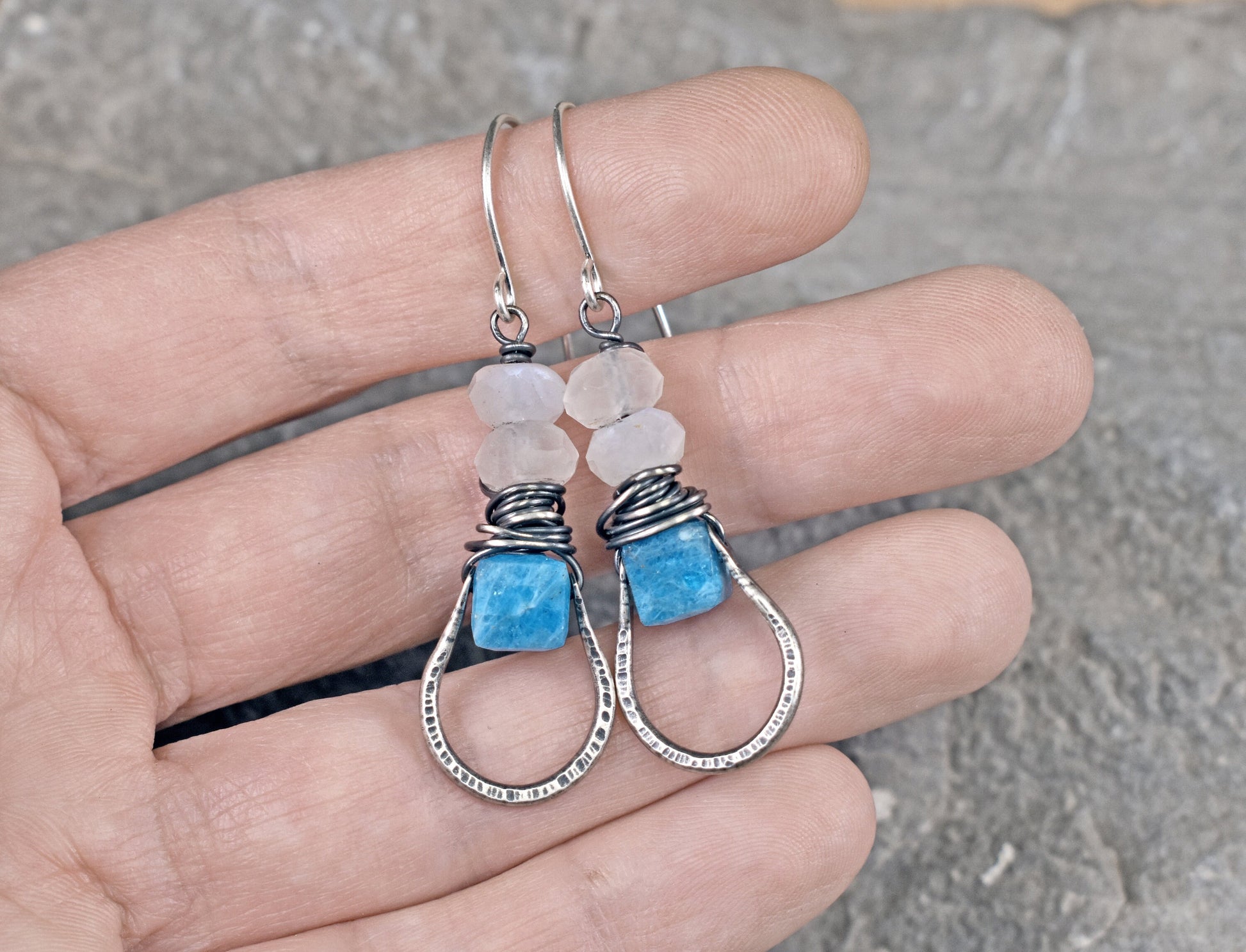 Blue Apatite Earrings, Rustic Moonstone Sterling Silver Dangles, Natural Stone Wire Wrap Jewelry, Artisan Unique Metalwork