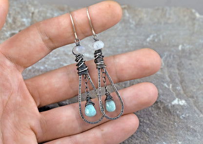 Moonstone Amazonite Sterling Silver Earrings, Light Blue White Gemstone Dangles, Rustic Artisan Wire Teardrop Jewelry Handmade