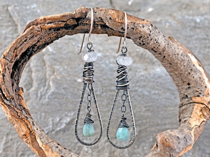 Moonstone Amazonite Sterling Silver Earrings, Light Blue White Gemstone Dangles, Rustic Artisan Wire Teardrop Jewelry Handmade