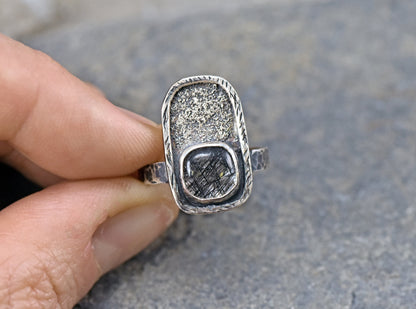 Tourmalinated Quartz Ring, Size 7, Rustic Sterling Silver Jewelry, Artisan Silversmith Handmade, Unique Black Gemstone