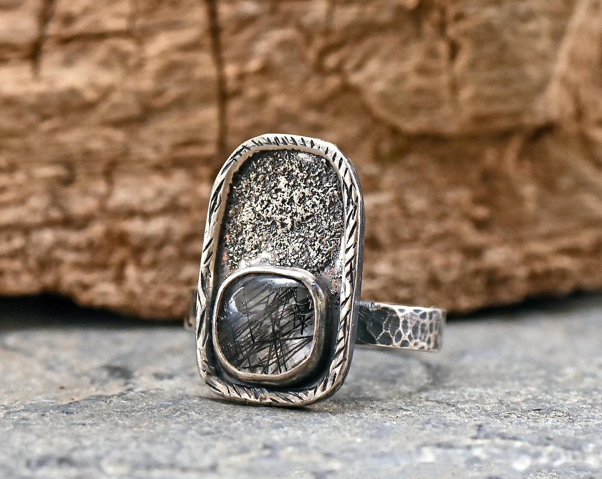 Tourmalinated Quartz Ring, Size 7, Rustic Sterling Silver Jewelry, Artisan Silversmith Handmade, Unique Black Gemstone