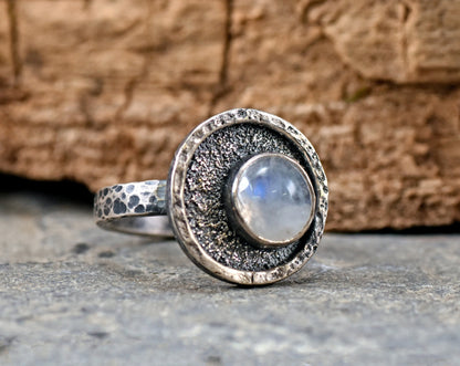 Rainbow Moonstone Ring Size 6, Organic Sterling Silver Jewelry Handmade, Unique Rustic Artisan Gemstone