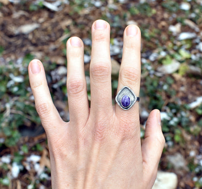 Charoite Ring Size 7, Sterling Silver Unique Purple Gemstone Jewelry, Rustic Texture Artisan Handmade