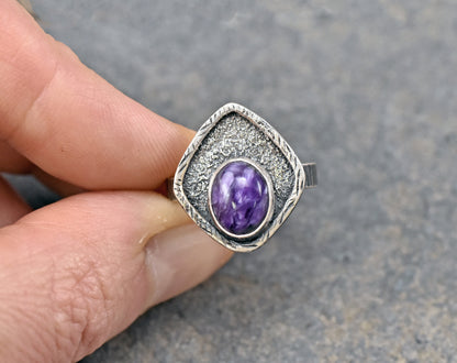 Charoite Ring Size 7, Sterling Silver Unique Purple Gemstone Jewelry, Rustic Texture Artisan Handmade