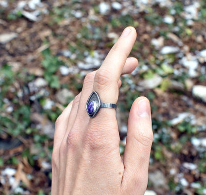 Charoite Ring Size 7, Sterling Silver Unique Purple Gemstone Jewelry, Rustic Texture Artisan Handmade