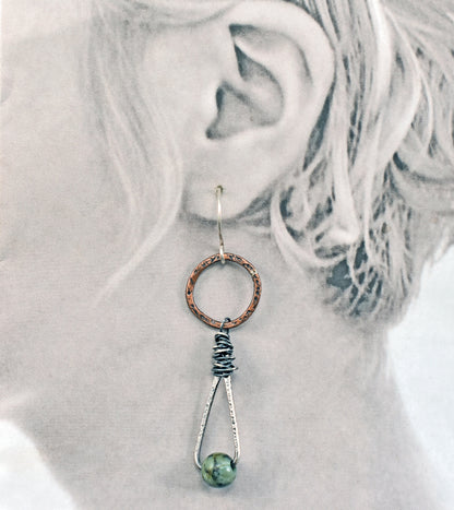 African Turquoise Jasper Earrings, Unique Mixed Metal Dangles, Light Green Gemstone Jewelry, Copper and Sterling Silver