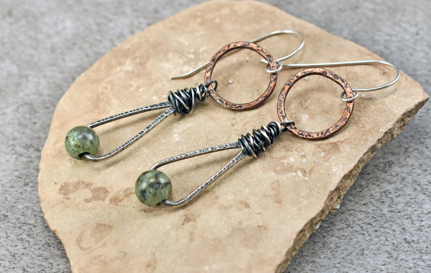 African Turquoise Jasper Earrings, Unique Mixed Metal Dangles, Light Green Gemstone Jewelry, Copper and Sterling Silver