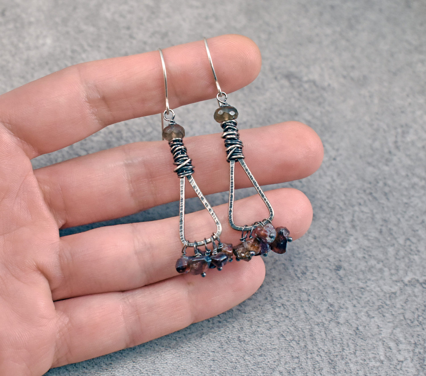 Smoky Quartz and Zircon Earrings Sterling Silver, Gray and Dark Red Gemstone Dangles, Messy Wire Wrap Triangle, Natural Stone Jewelry