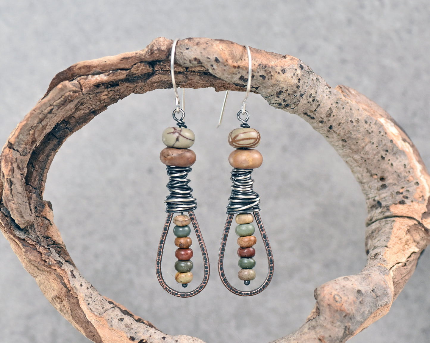 Red Creek Jasper Earrings, Natural Fall Color Stone Dangles, Rustic Copper Teardrop Jewelry, Mixed Metal